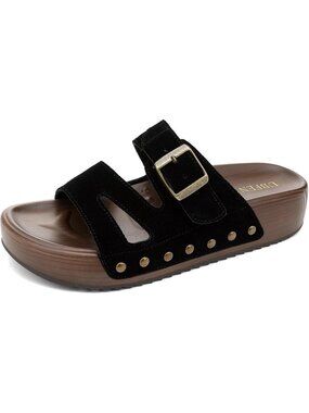 Women's Slides Platform C Black Genuine Leather Arch Support Buckle Sandals